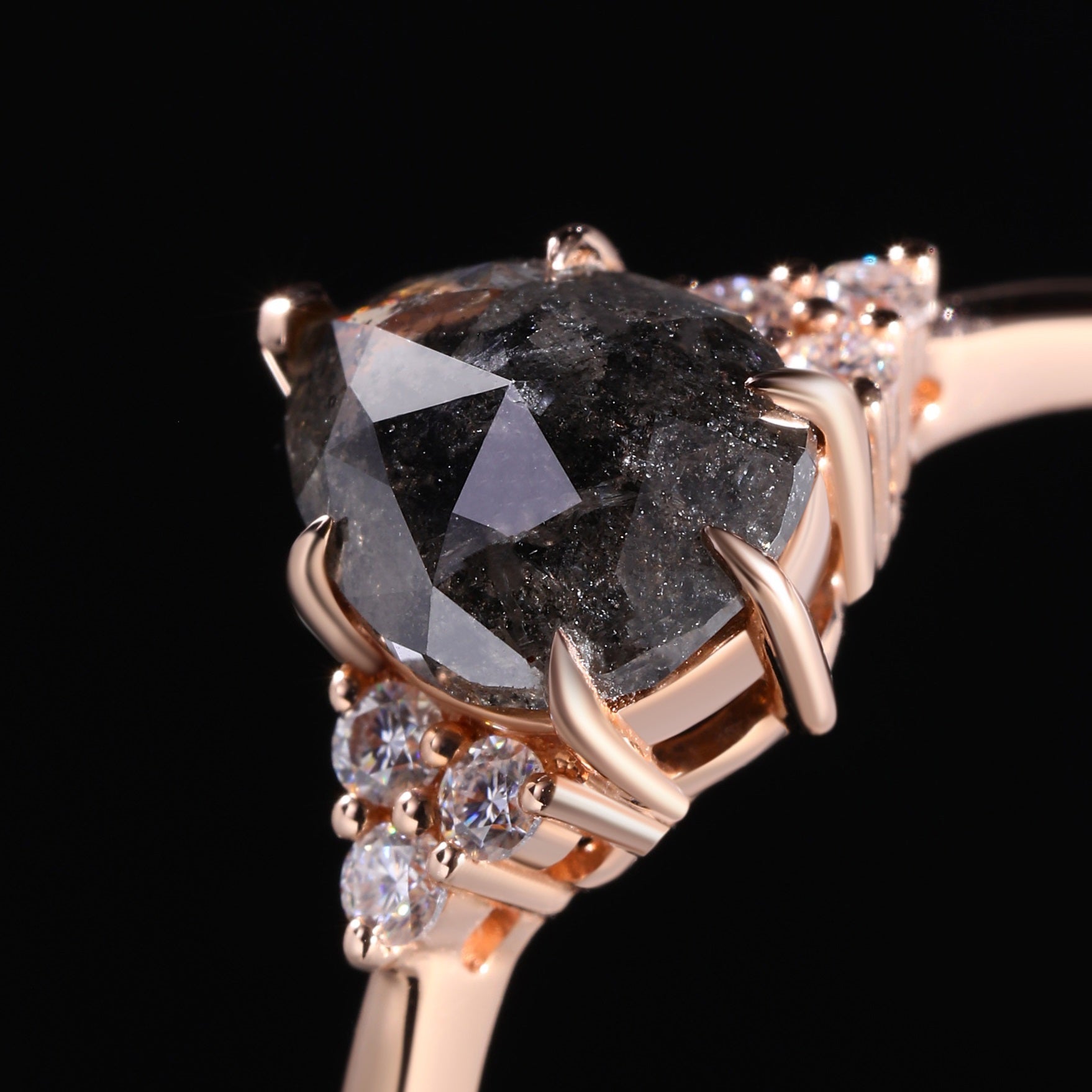 Pear Cut Salt & Pepper Diamond Six Prong Ring With Lab Diamond Accents