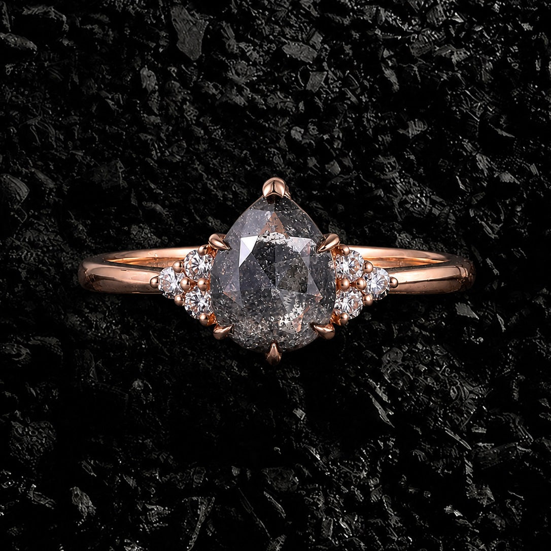 Pear Cut Salt & Pepper Diamond Six Prong Ring With Lab Diamond Accents