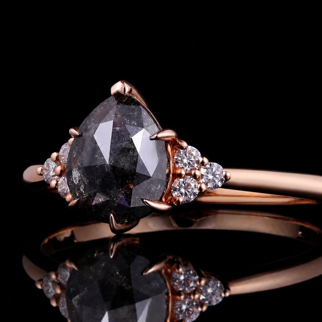 Pear Cut Salt & Pepper Diamond Six Prong Ring With Lab Diamond Accents