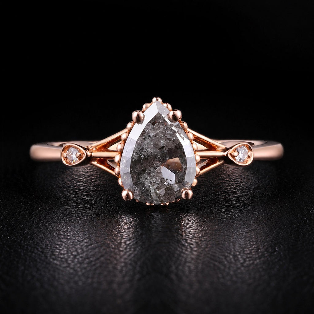Pear Cut Salt & Pepper Diamond Split Shank Vintage Milgrain Ring