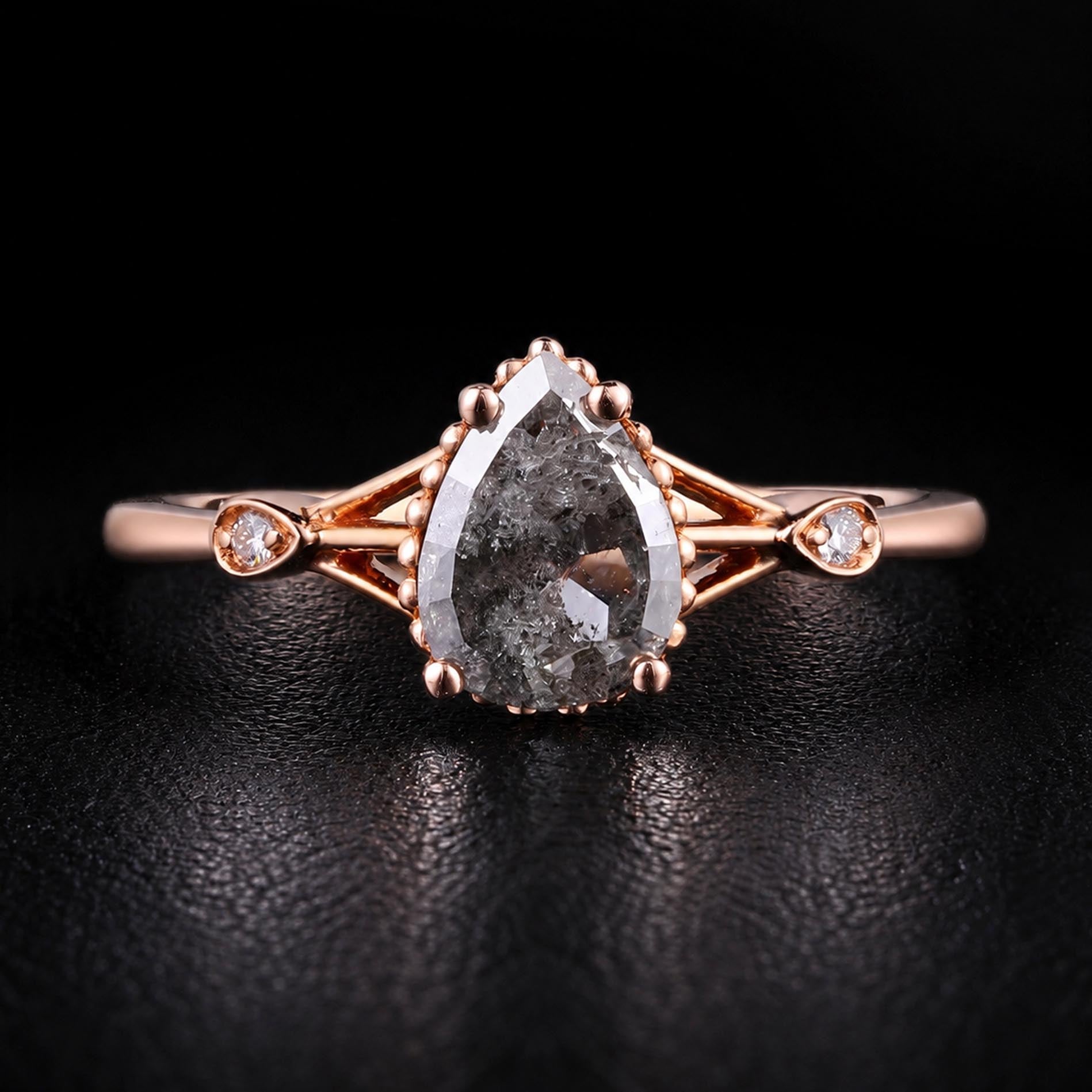 Pear Cut Salt & Pepper Diamond Split Shank Vintage Milgrain Ring