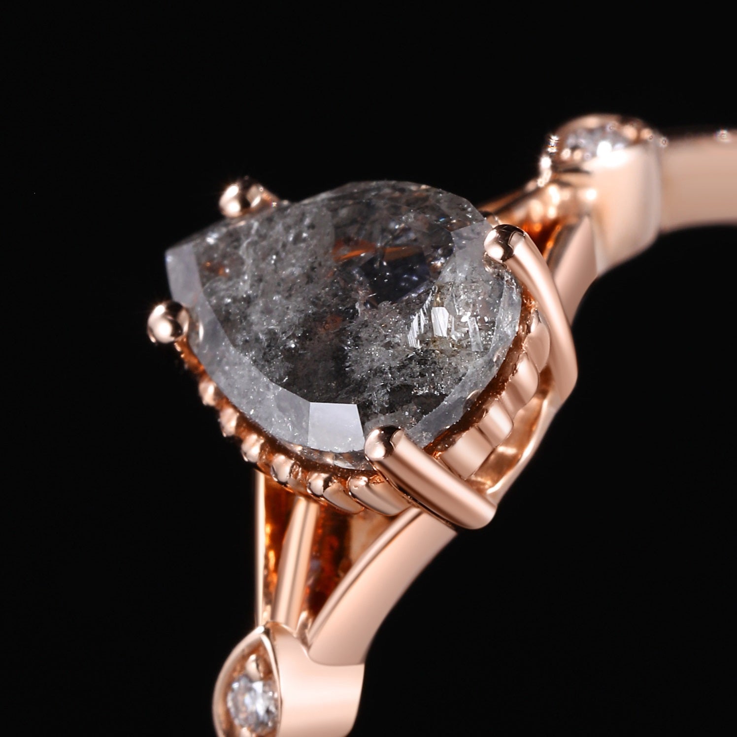 Pear Cut Salt & Pepper Diamond Split Shank Vintage Milgrain Ring