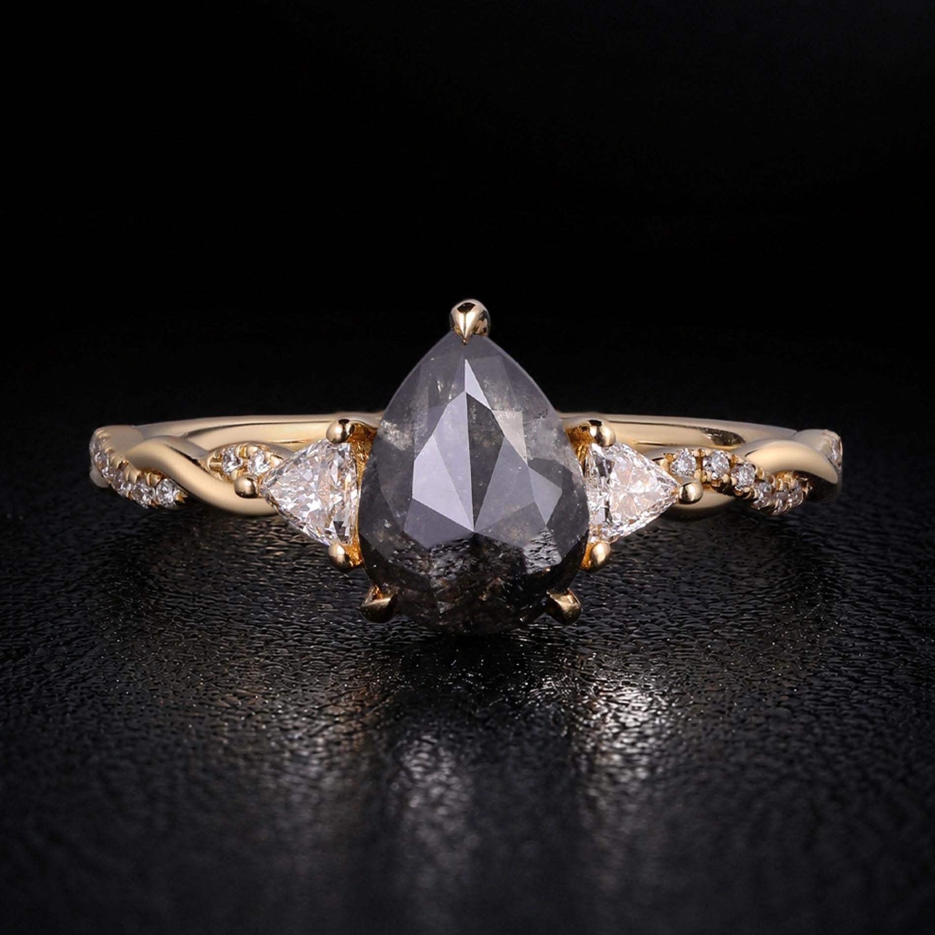 Pear Cut Salt & Pepper Diamond Three Stone Ring With Pavé Crossover Shank