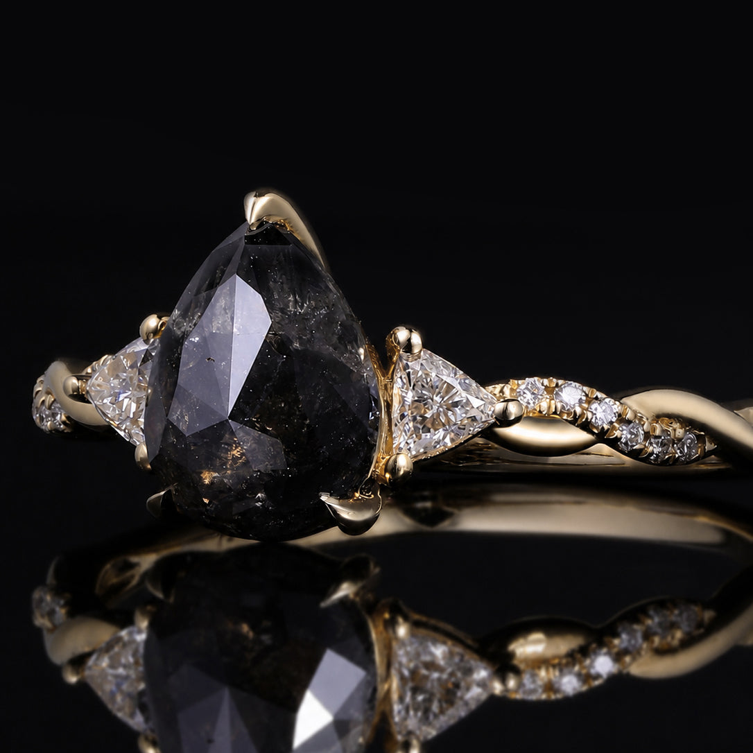 Pear Cut Salt & Pepper Diamond Three Stone Ring With Pavé Crossover Shank