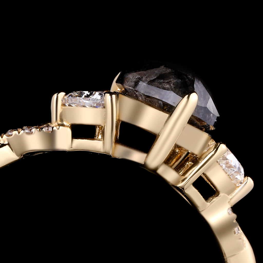 Pear Cut Salt & Pepper Diamond Three Stone Ring With Pavé Crossover Shank
