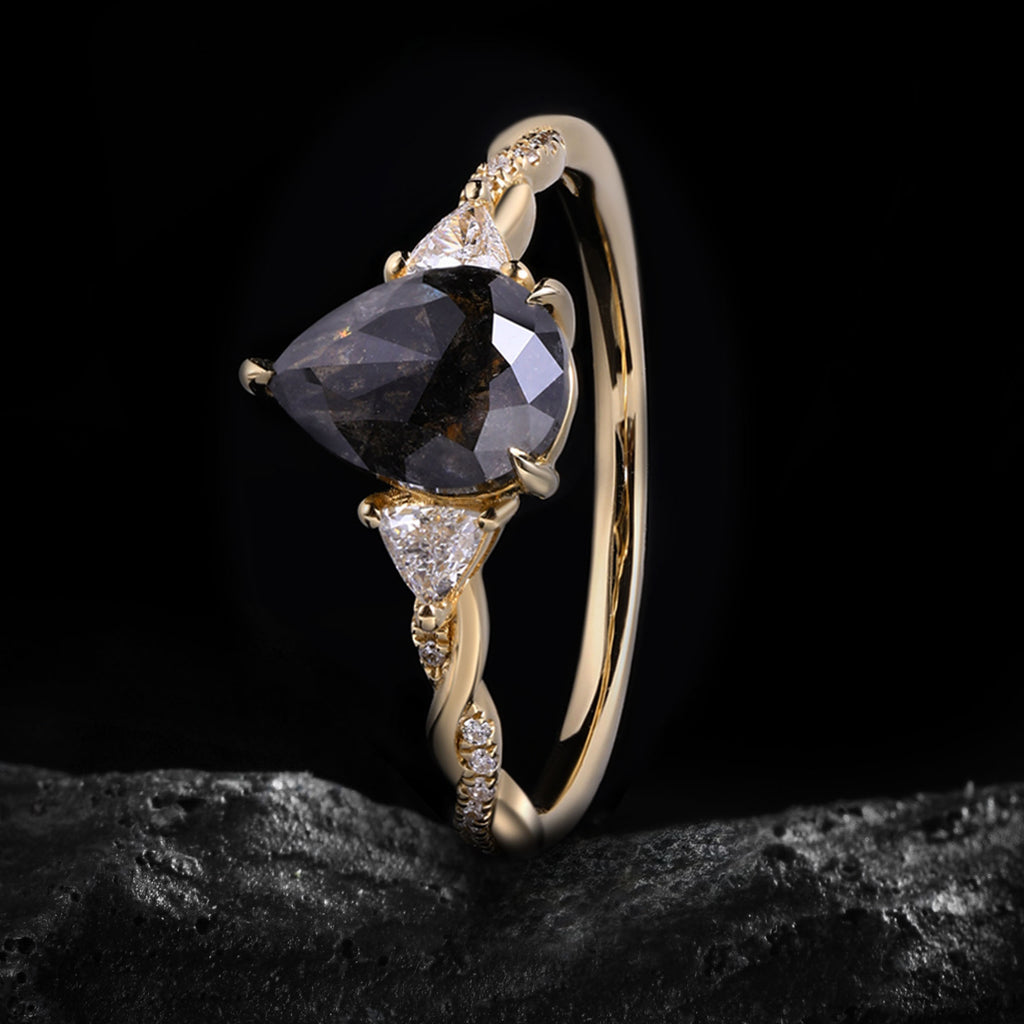 Pear Cut Salt & Pepper Diamond Three Stone Ring With Pavé Crossover Shank