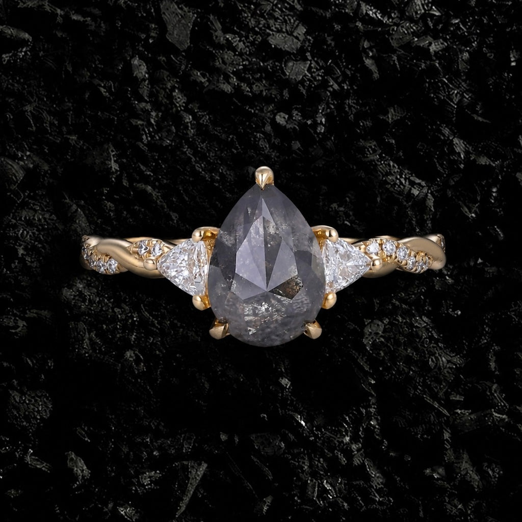 Pear Cut Salt & Pepper Diamond Three Stone Ring With Pavé Crossover Shank