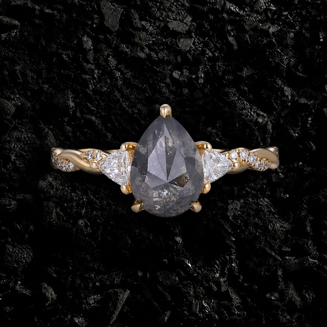 Pear Cut Salt & Pepper Diamond Three Stone Ring With Pavé Crossover Shank