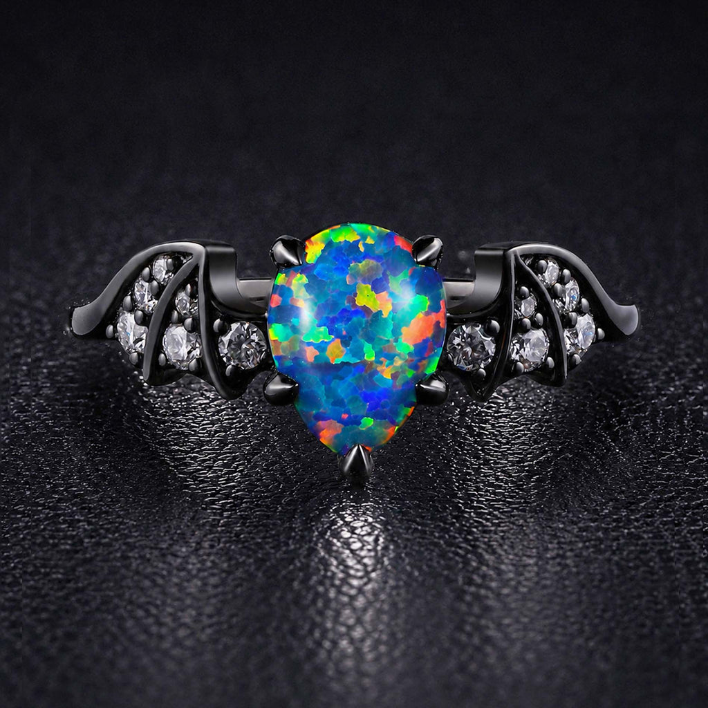 Pear Cut Synthetic Black Opal Gothic Bat Wing Ring