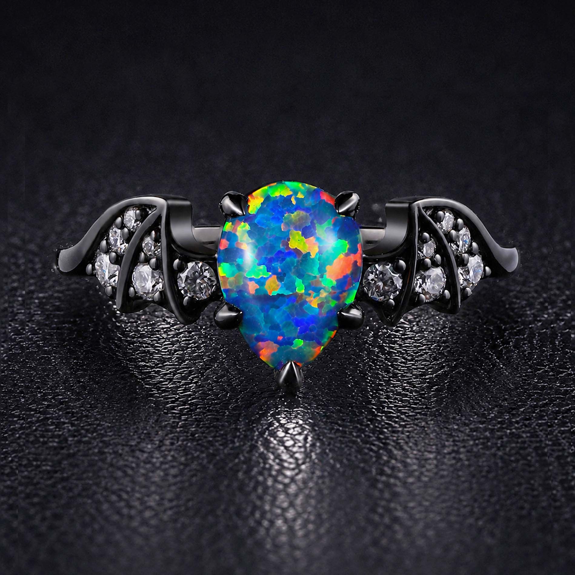 Pear Cut Synthetic Black Opal Gothic Bat Wing Ring