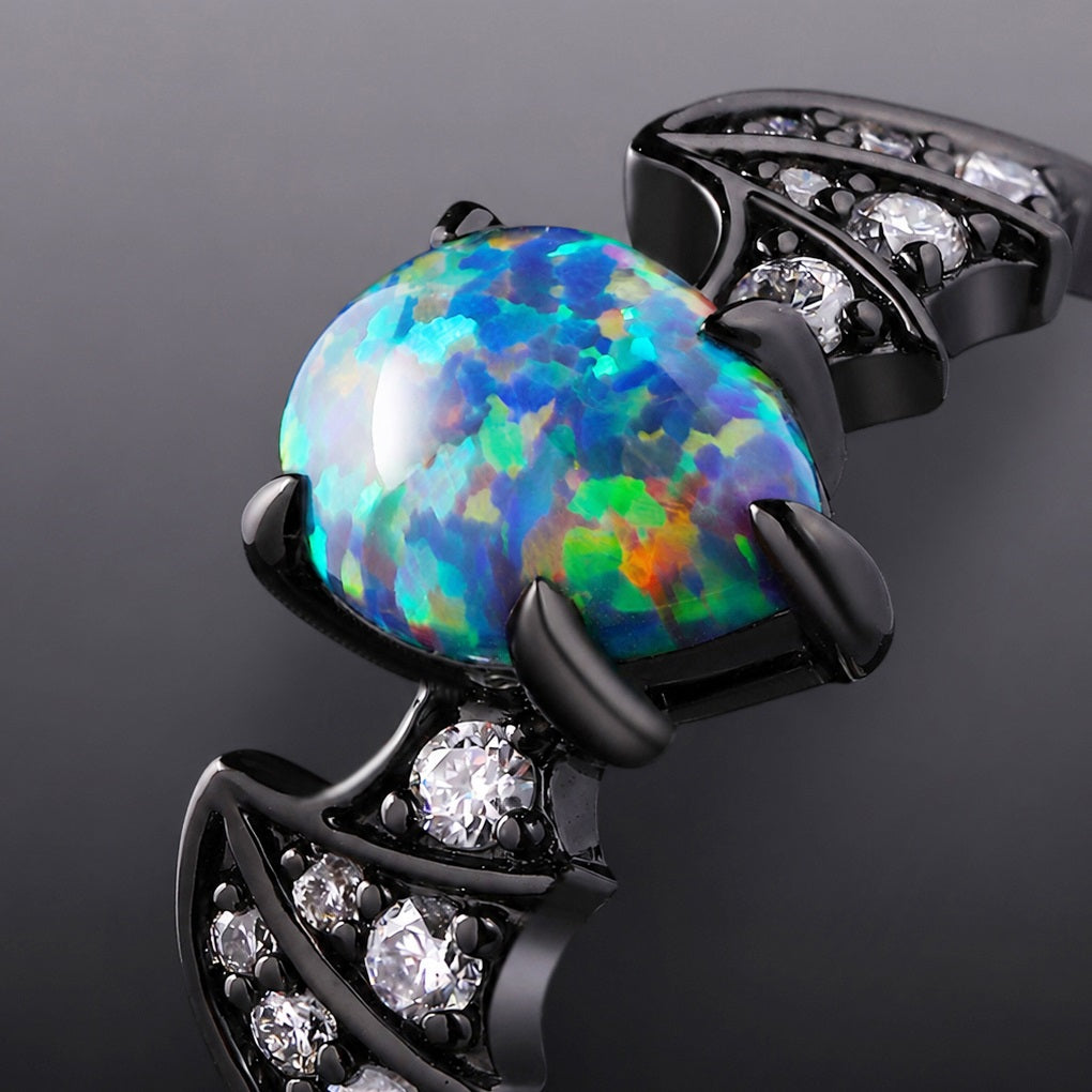 Pear Cut Synthetic Black Opal Gothic Bat Wing Ring