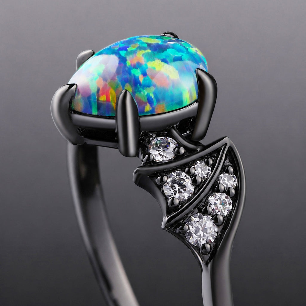 Pear Cut Synthetic Black Opal Gothic Bat Wing Ring