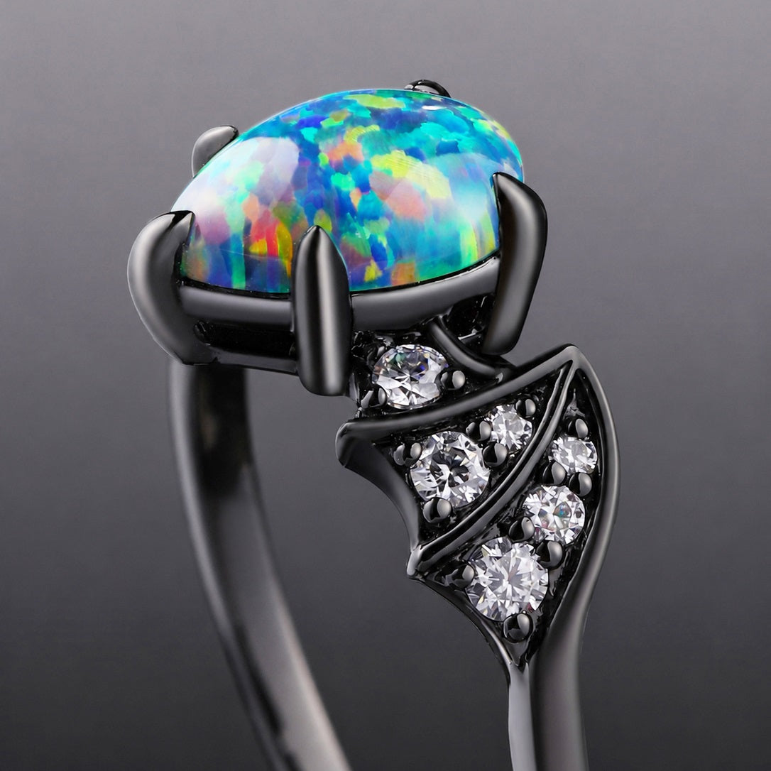 Pear Cut Synthetic Black Opal Gothic Bat Wing Ring