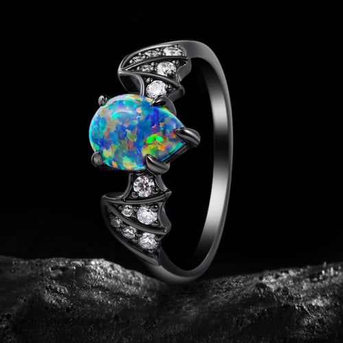 Pear Cut Synthetic Black Opal Gothic Bat Wing Ring