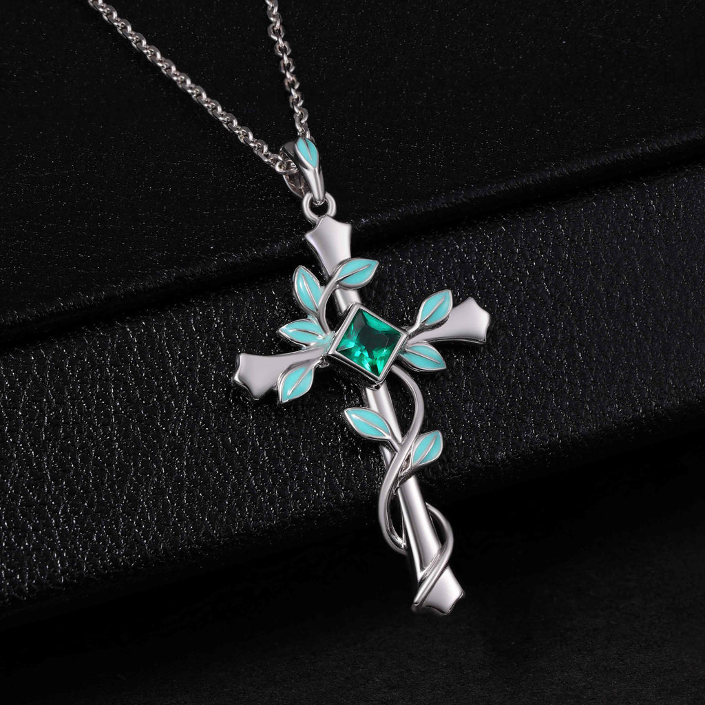 Princess Cut Lab Emerald Vine Cross Gothic Pendant Necklace