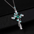 Princess Cut Lab Emerald Vine Cross Gothic Pendant Necklace