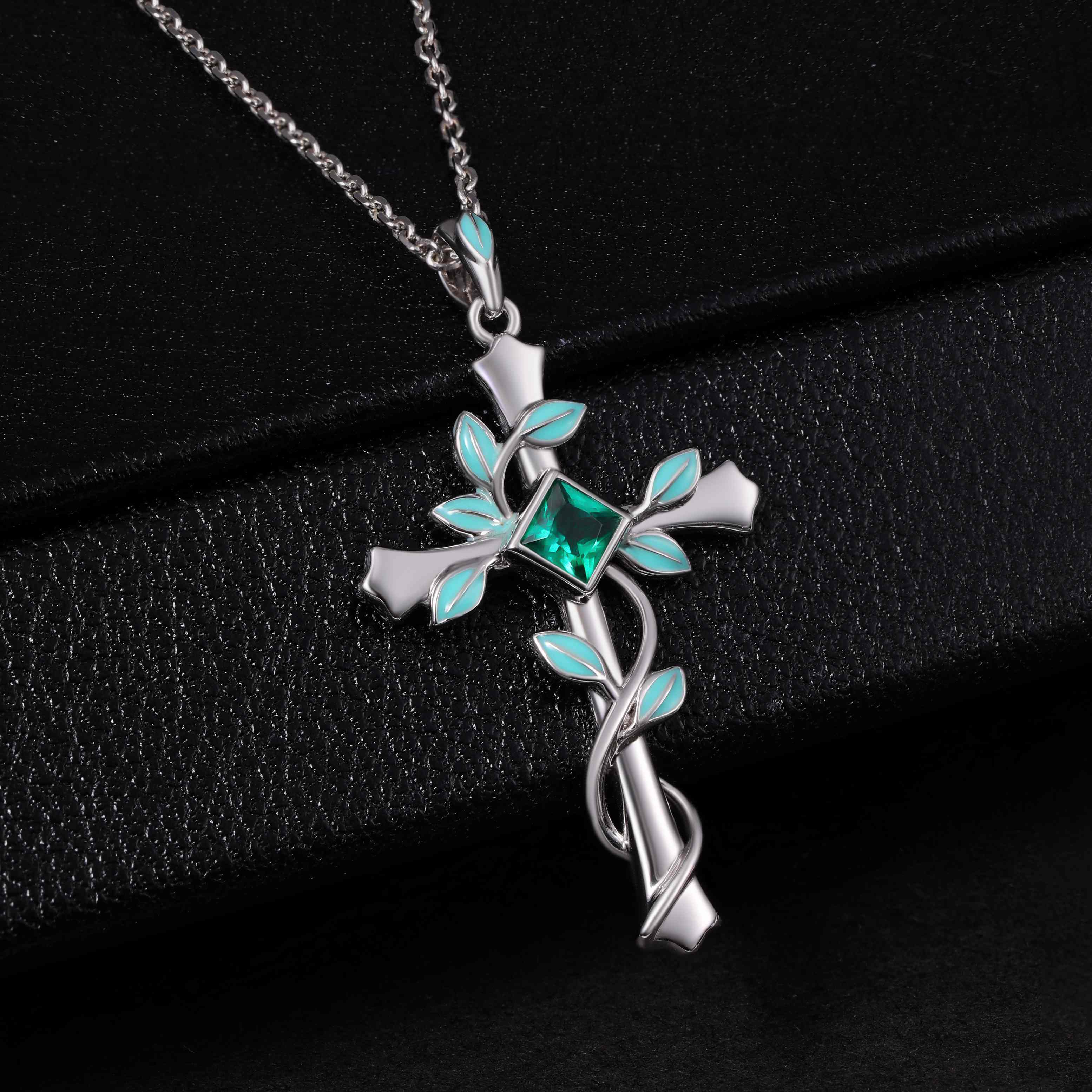 Princess Cut Lab Emerald Vine Cross Gothic Pendant Necklace