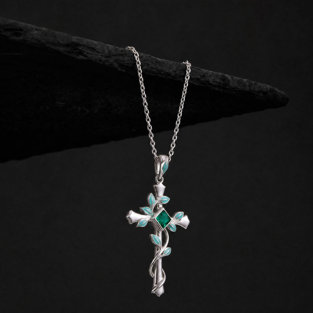 Princess Cut Lab Emerald Vine Cross Gothic Pendant Necklace