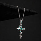 Princess Cut Lab Emerald Vine Cross Gothic Pendant Necklace