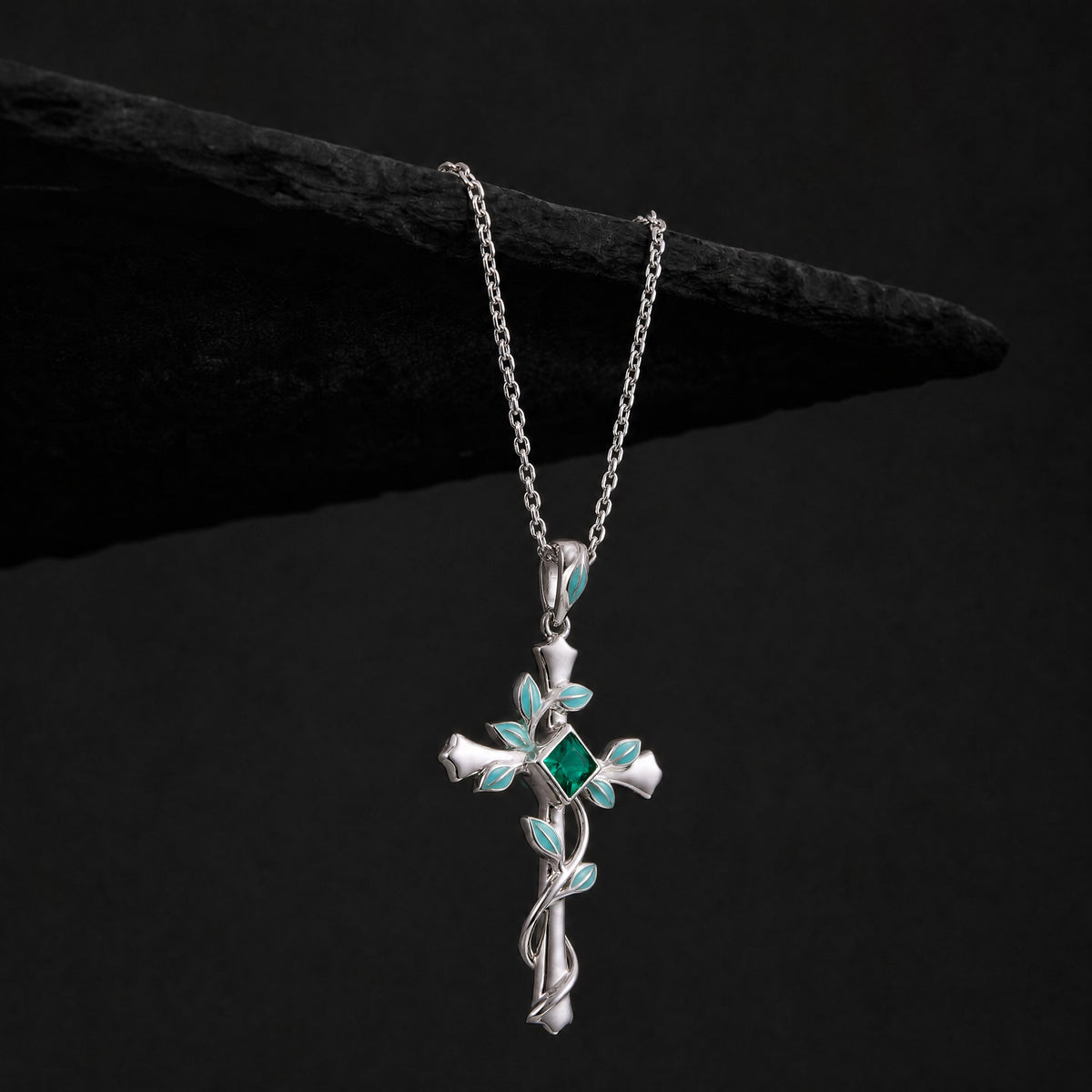 Princess Cut Lab Emerald Vine Cross Gothic Pendant Necklace