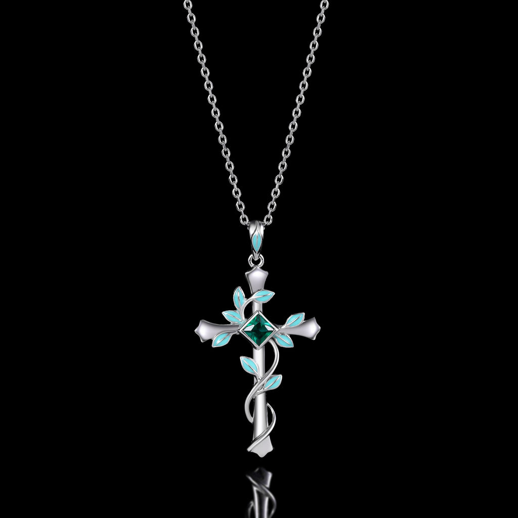 Princess Cut Lab Emerald Vine Cross Gothic Pendant Necklace