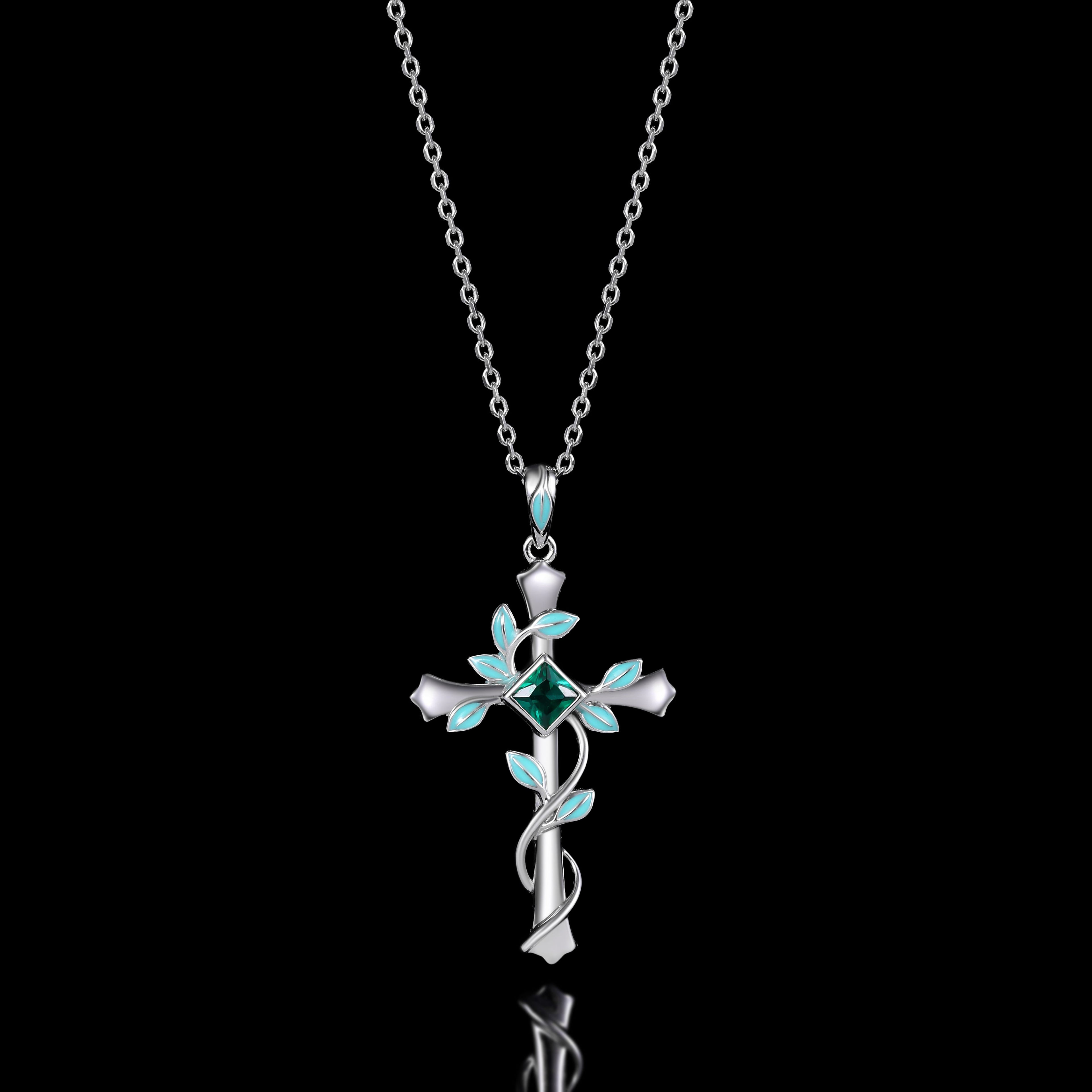 Princess Cut Lab Emerald Vine Cross Gothic Pendant Necklace
