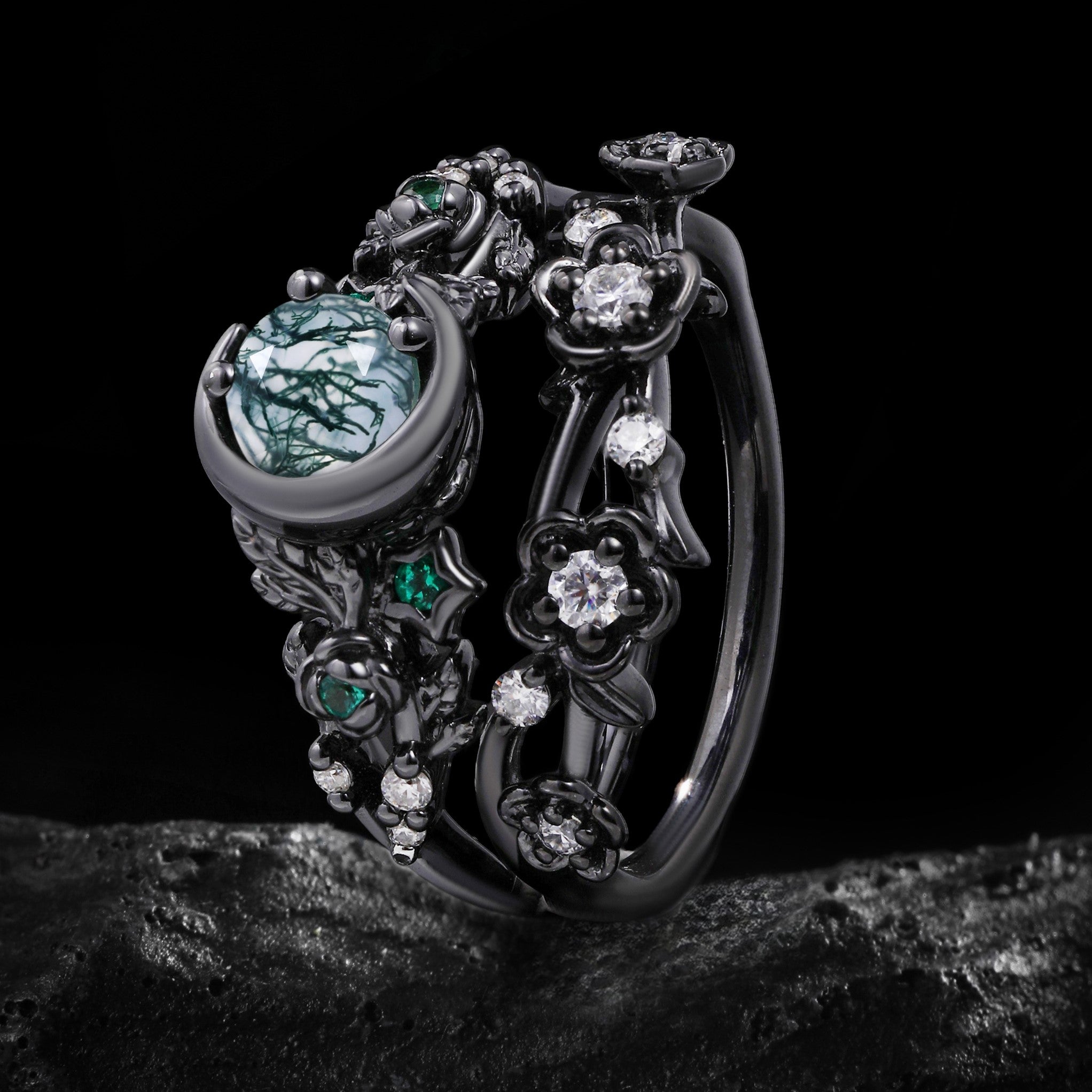 Round Cut Moss Agate & Emerald Gothic Bridal Set Midnight Bloom Engagement Ring Set