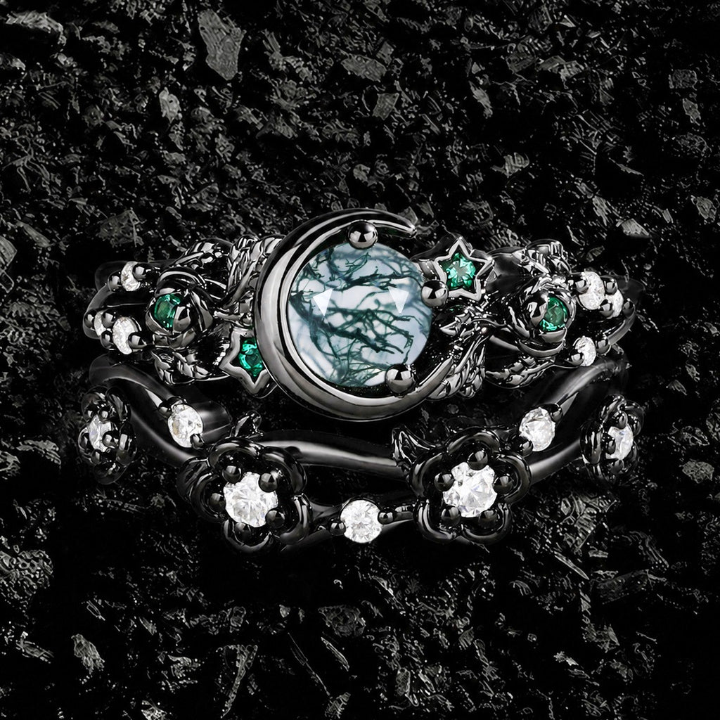 Round Cut Moss Agate & Emerald Gothic Ring Set Midnight Bloom Ring Stack