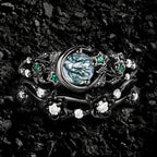 Round Cut Moss Agate & Emerald Gothic Ring Set Midnight Bloom Ring Stack