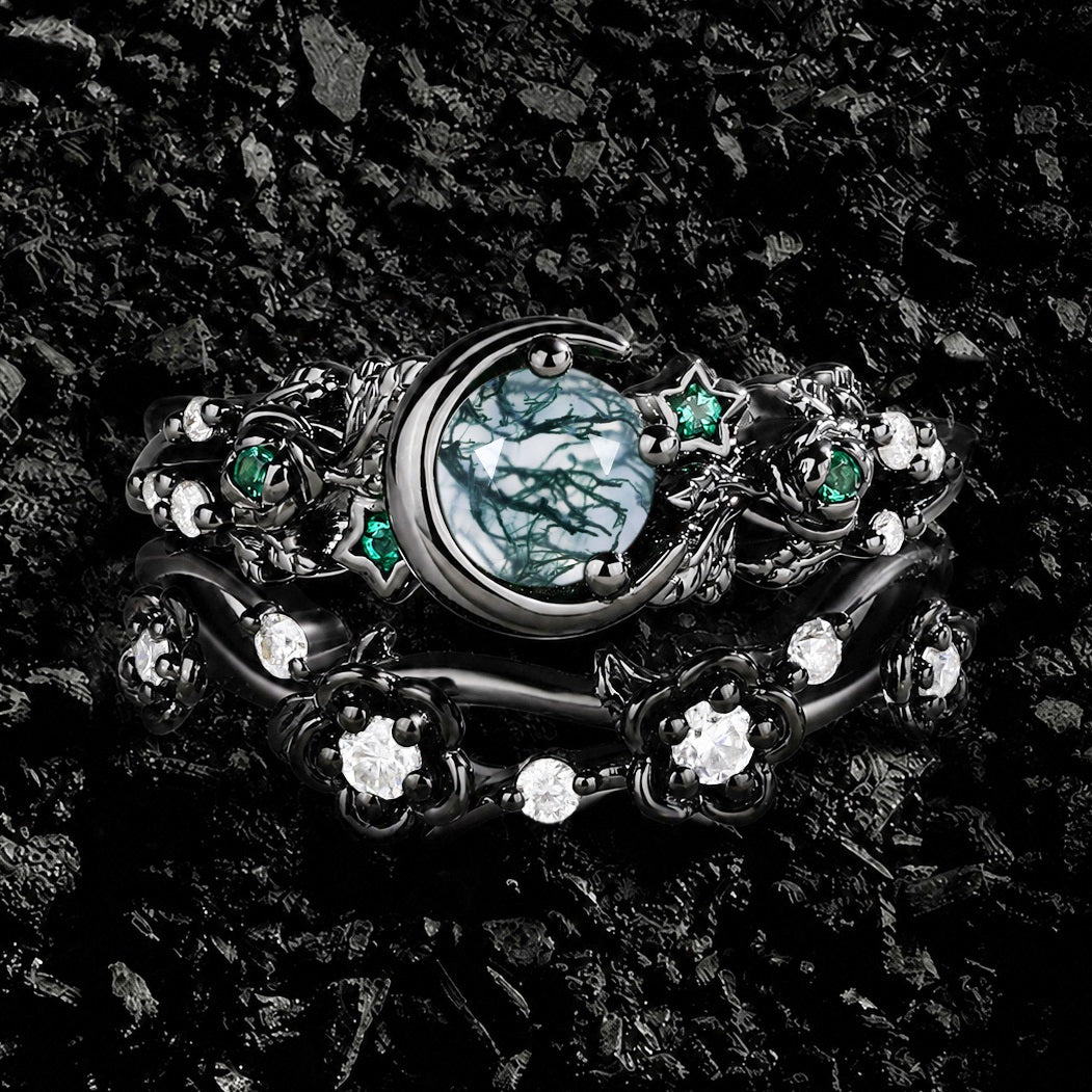 Round Cut Moss Agate & Emerald Gothic Bridal Set Midnight Bloom Engagement Ring Set