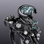Round Cut Moss Agate & Emerald Gothic Ring Set Midnight Bloom Ring Stack