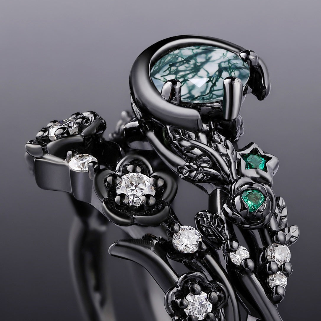Round Cut Moss Agate & Emerald Gothic Bridal Set Midnight Bloom Engagement Ring Set