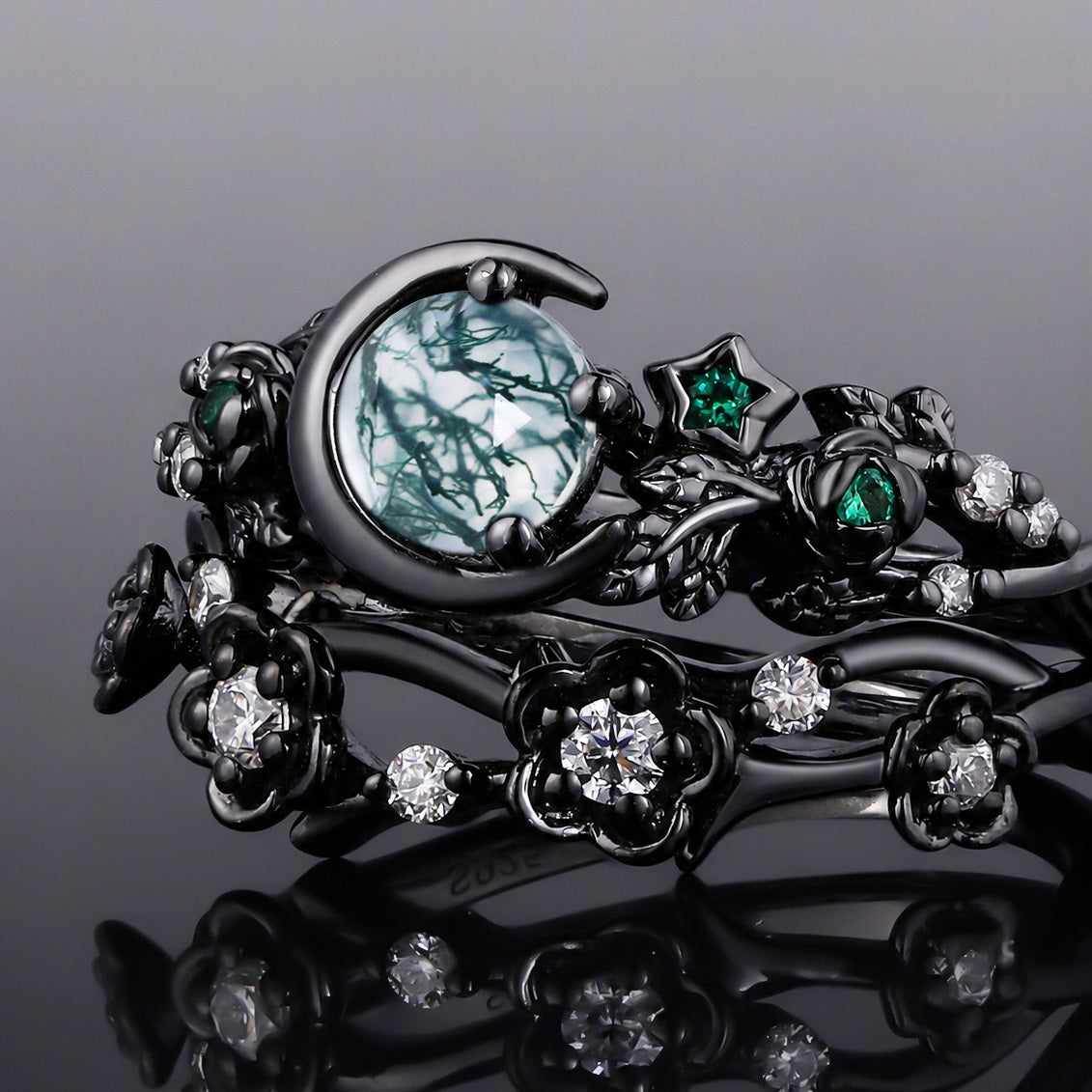 Round Cut Moss Agate & Emerald Gothic Bridal Set Midnight Bloom Engagement Ring Set