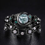 Round Cut Moss Agate & Emerald Gothic Ring Set Midnight Bloom Ring Stack