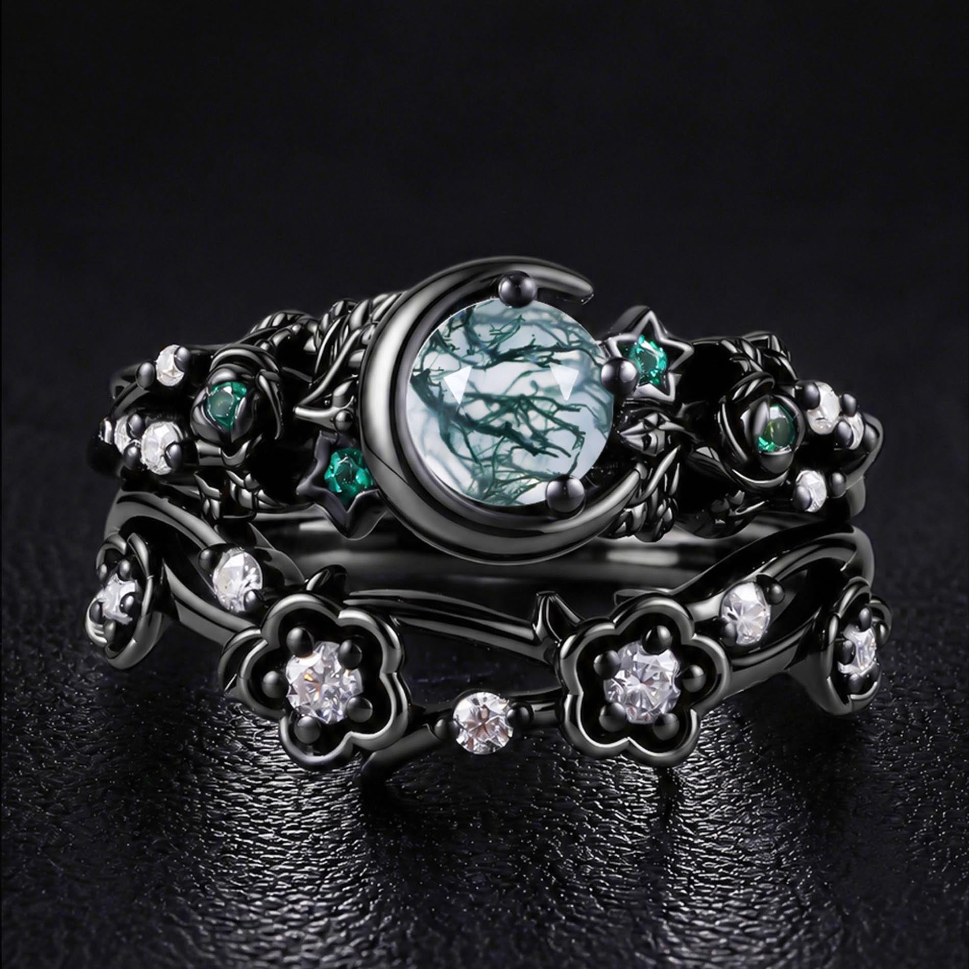 Round Cut Moss Agate & Emerald Gothic Bridal Set Midnight Bloom Engagement Ring Set