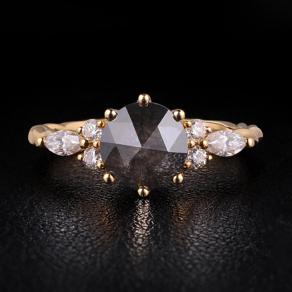 Round Cut Salt & Pepper Diamond Twisted Band Ring With Lab Diamond Accents