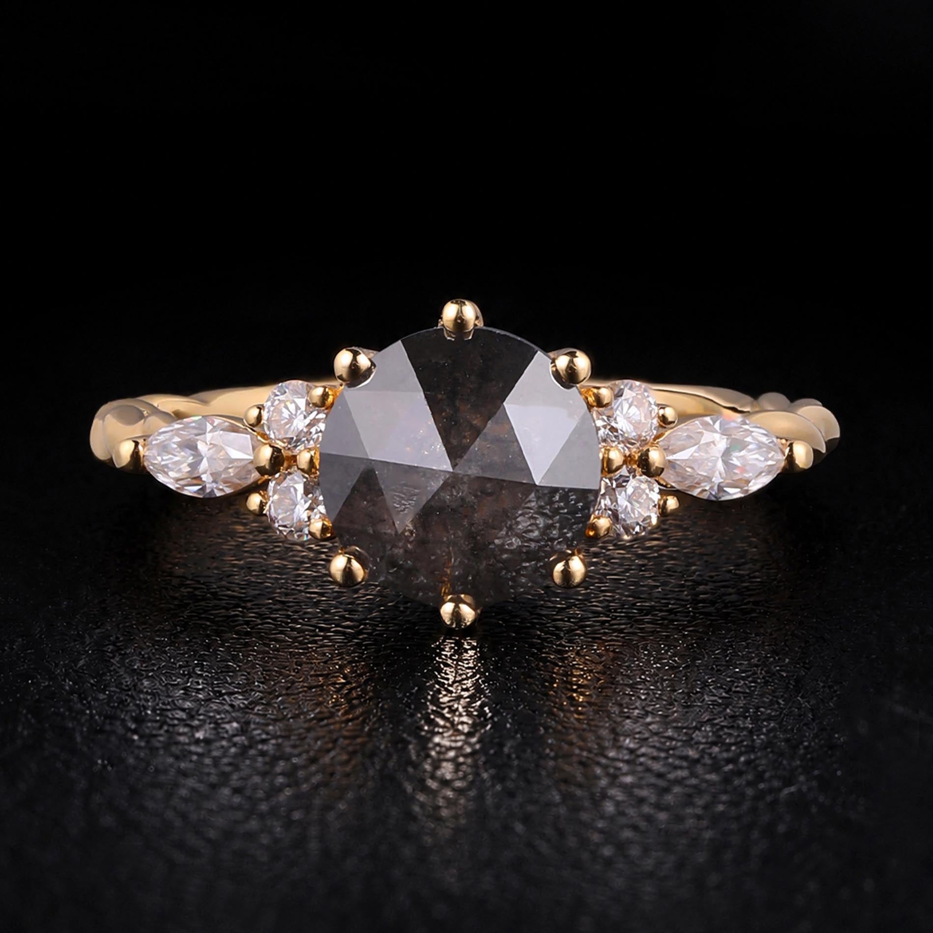 Round Cut Salt & Pepper Diamond Twisted Band Ring With Lab Diamond Accents