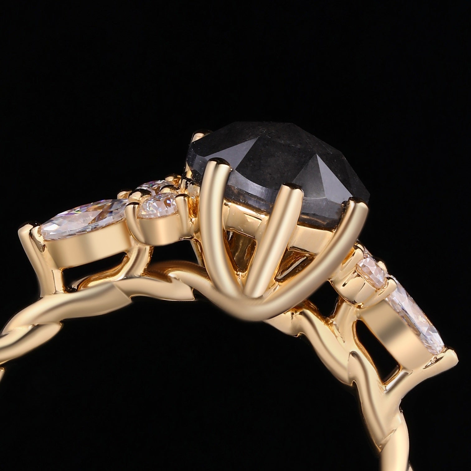 Round Cut Salt & Pepper Diamond Twisted Band Ring With Lab Diamond Accents