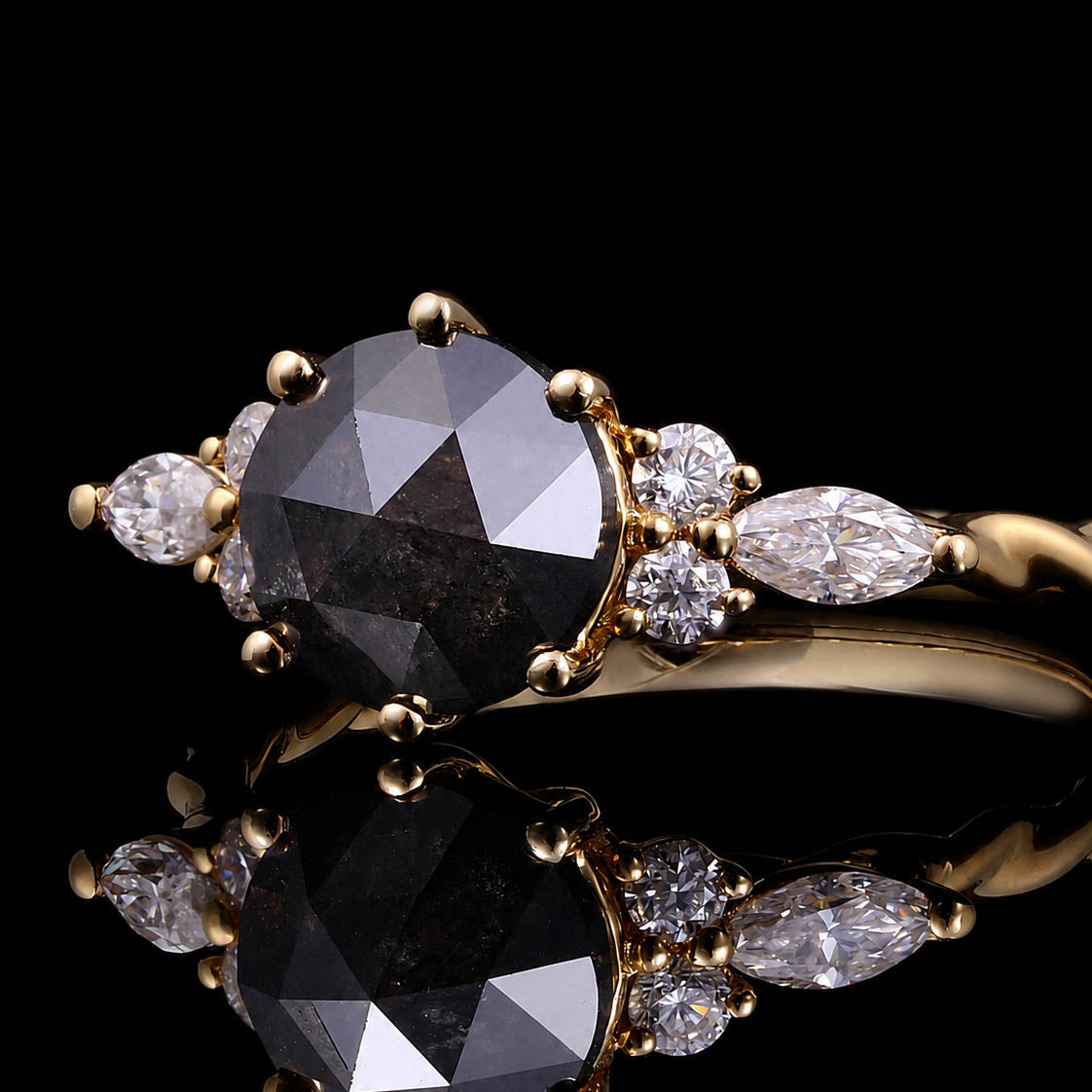 Round Cut Salt & Pepper Diamond Twisted Band Ring With Lab Diamond Accents