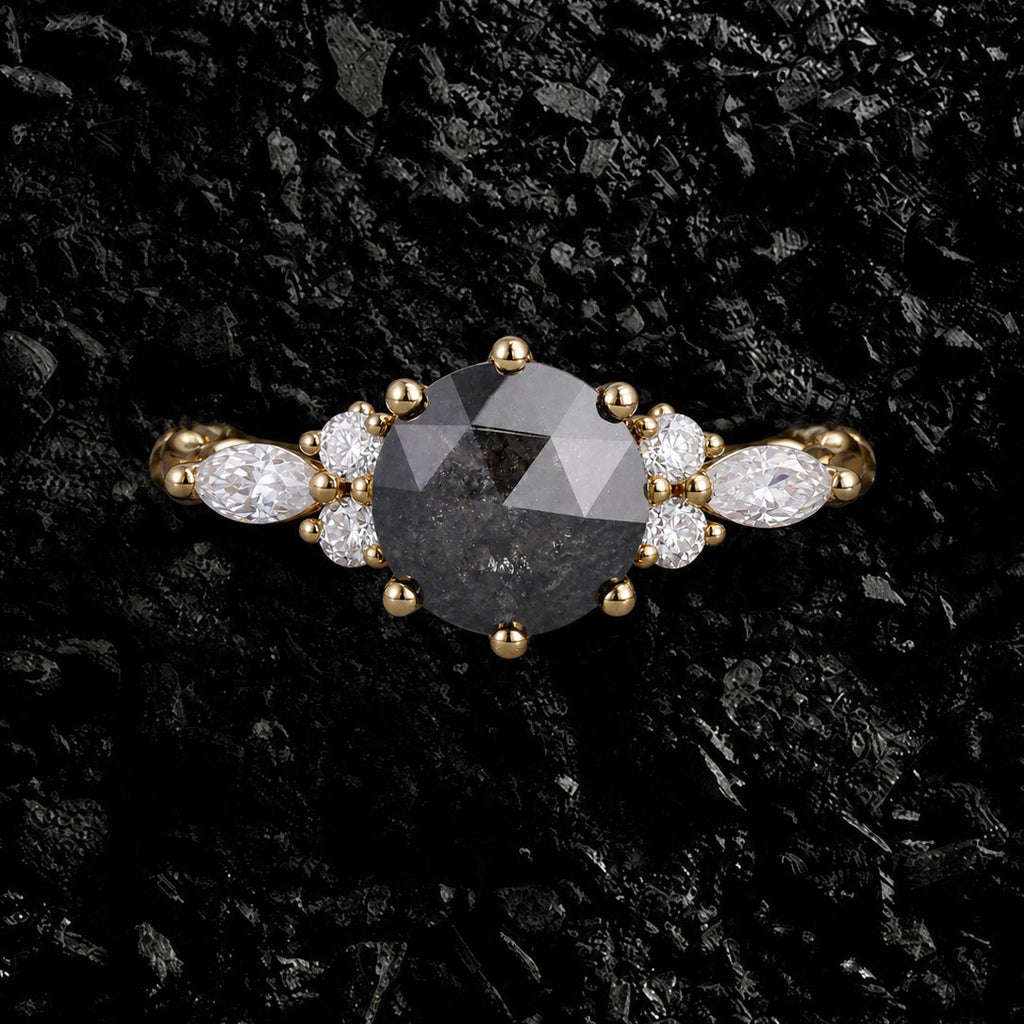 Round Cut Salt & Pepper Diamond Twisted Band Ring With Lab Diamond Accents