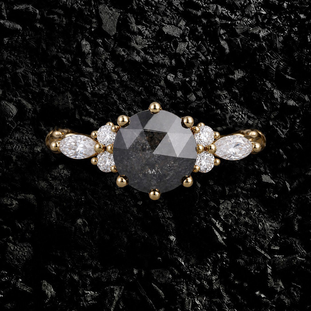 Round Cut Salt & Pepper Diamond Twisted Band Ring With Lab Diamond Accents