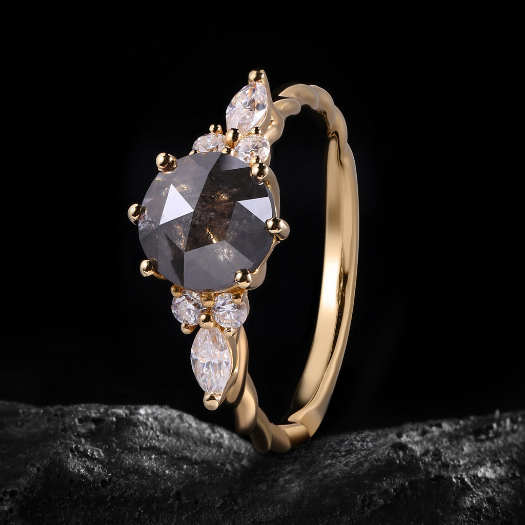 Round Cut Salt & Pepper Diamond Twisted Band Ring With Lab Diamond Accents