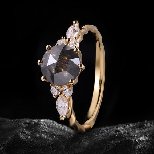 Round Cut Salt & Pepper Diamond Twisted Band Ring With Lab Diamond Accents