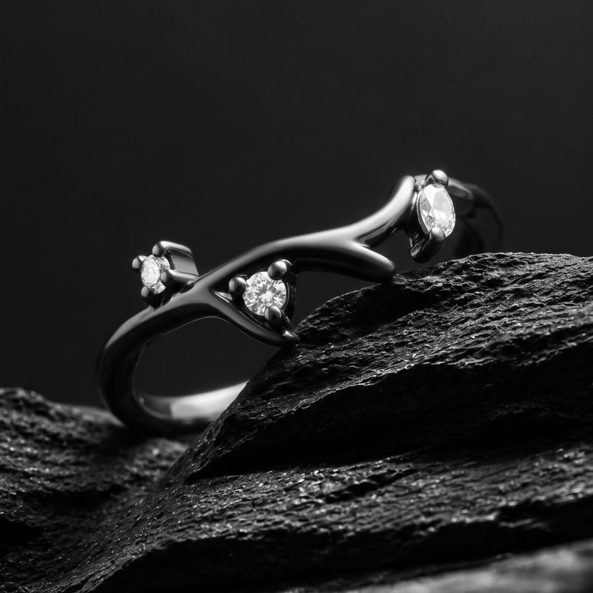 Lab Diamond Curved Band Blackthorn Gothic Stacking Ring