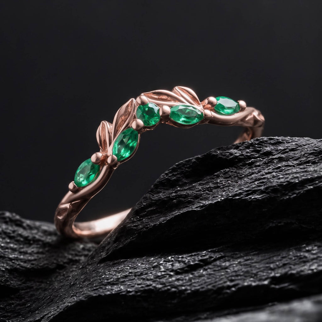 Lab Emerald Olive Leaf Nature Inspired Curved Band