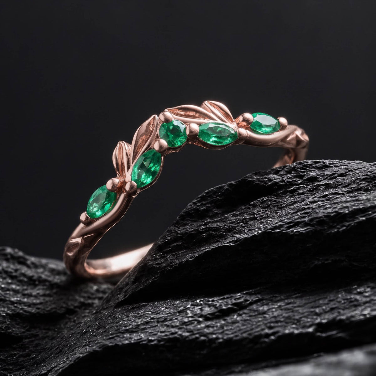 Lab Emerald Olive Leaf Nature Inspired Curved Band