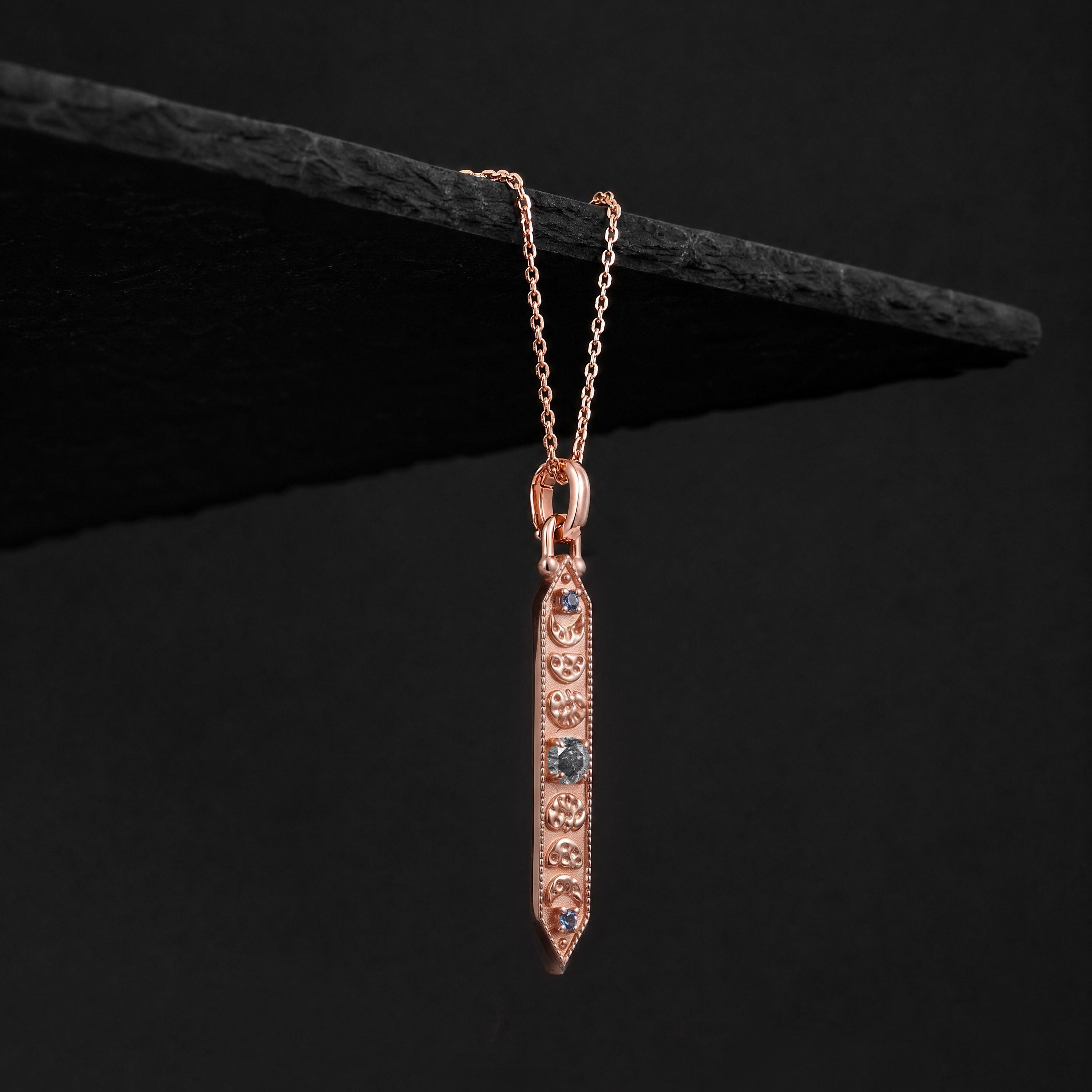 Round Cut Salt & Pepper Diamond Lunar Oracle Talisman Necklace