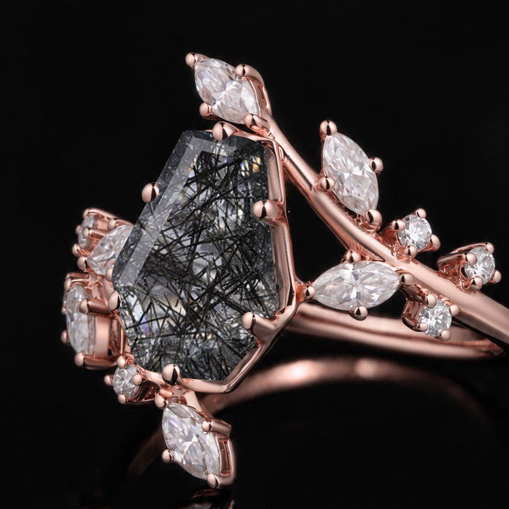 Coffin Cut Black Rutilated Quartz Bypass Shank Nature Inspired Ring