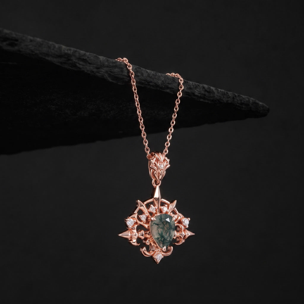 Pear Cut Moss Agate Radiant Arrow Gothic Pendant Necklace