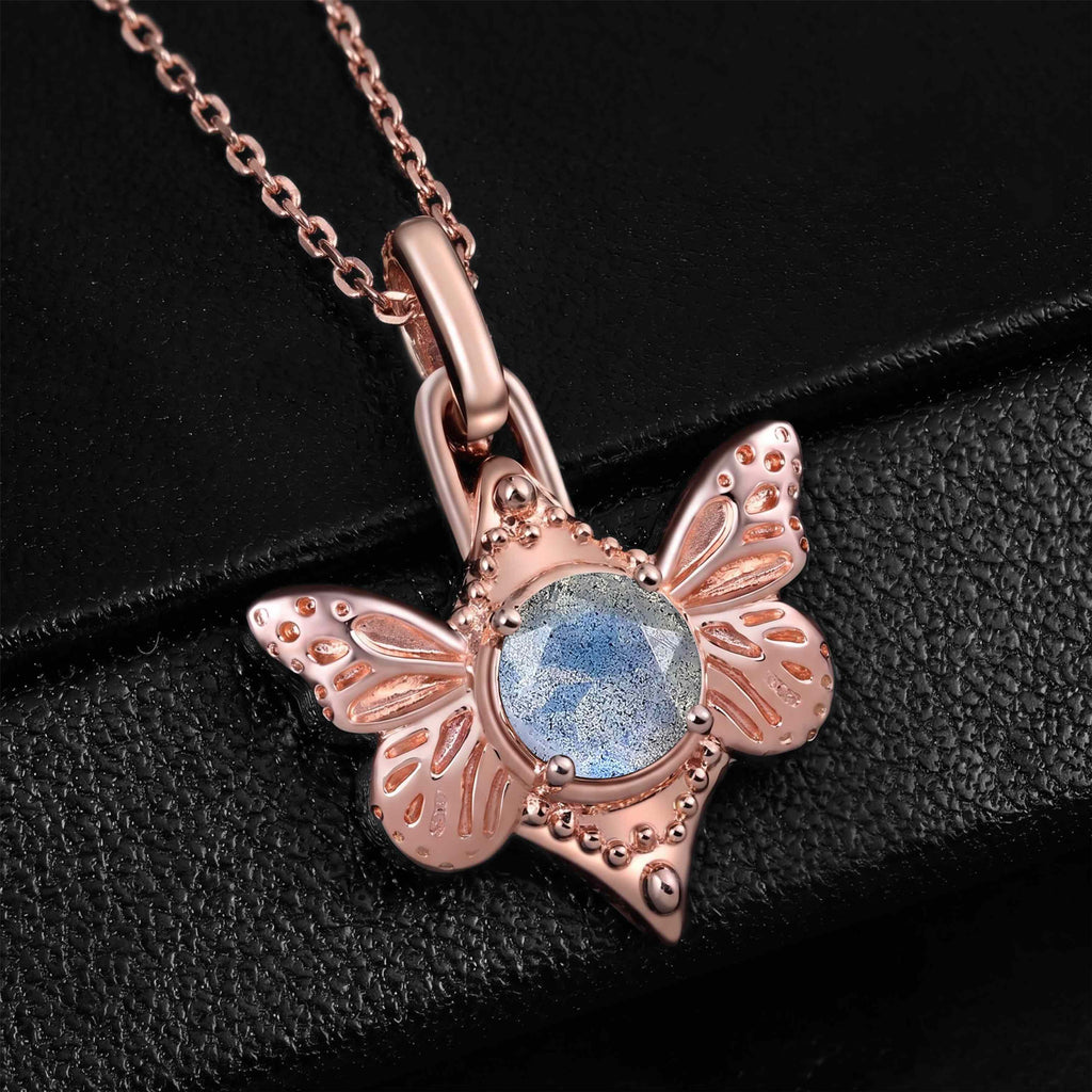 Round Cut Labradorite Vintage Butterfly Pendant Necklace